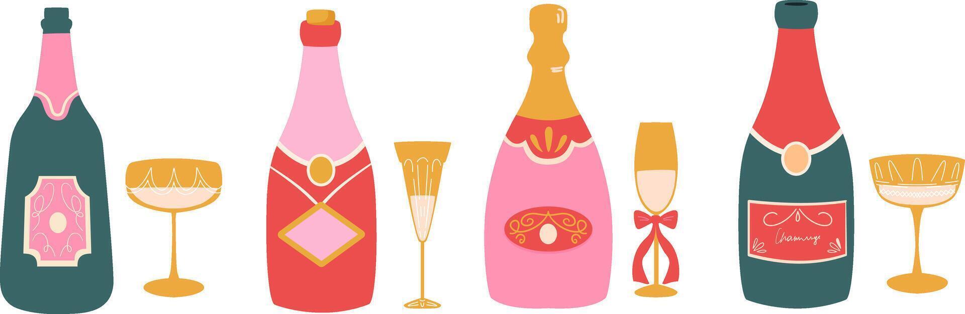 Set of illustration bottles champagne and glasses. Isolated champagne and wine glass. vector