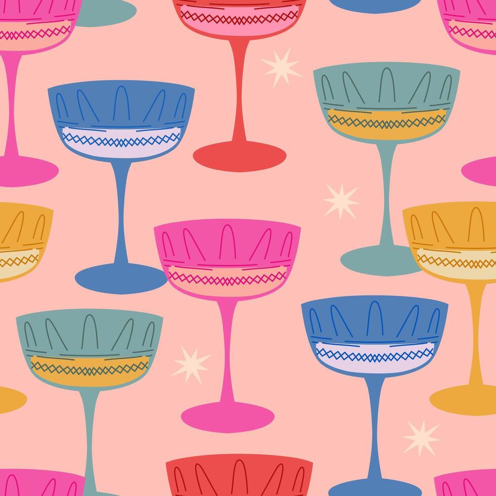 Seamless pattern with champagne glasses in retro style. Colorful outline wine glass. vector