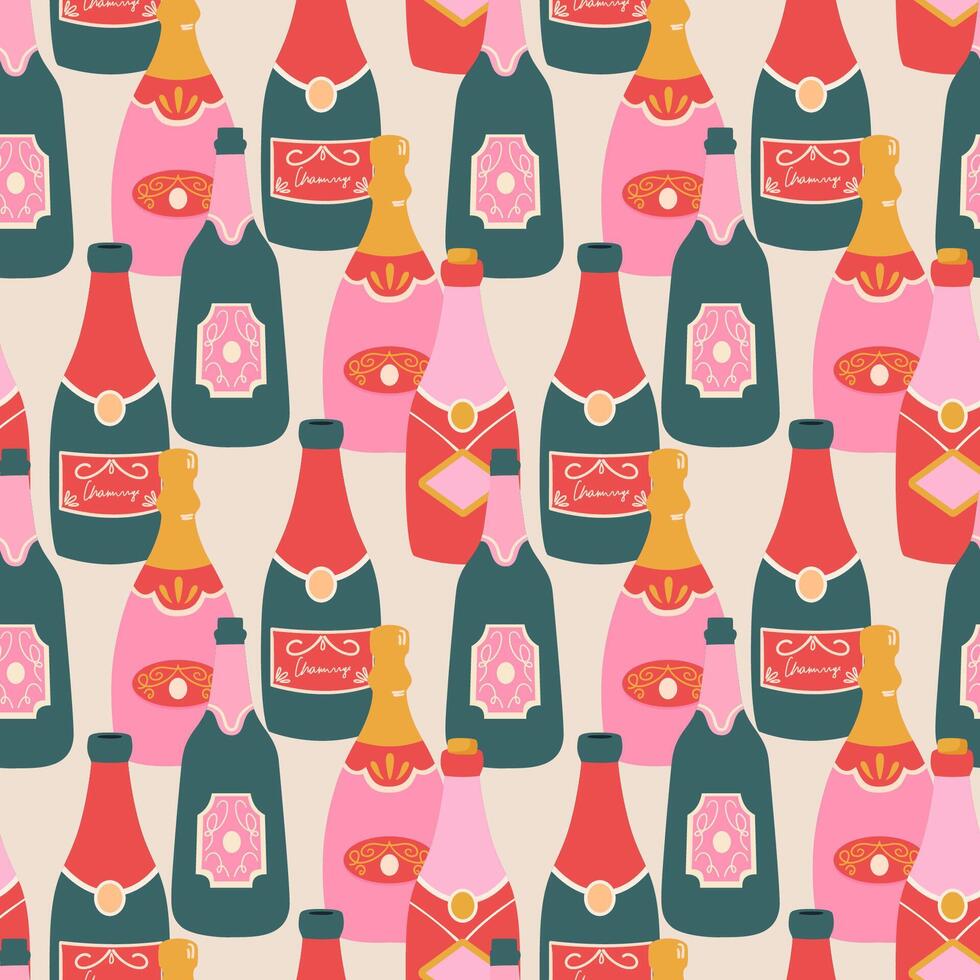 Seamless pattern with champagne bottles in retro style. vector