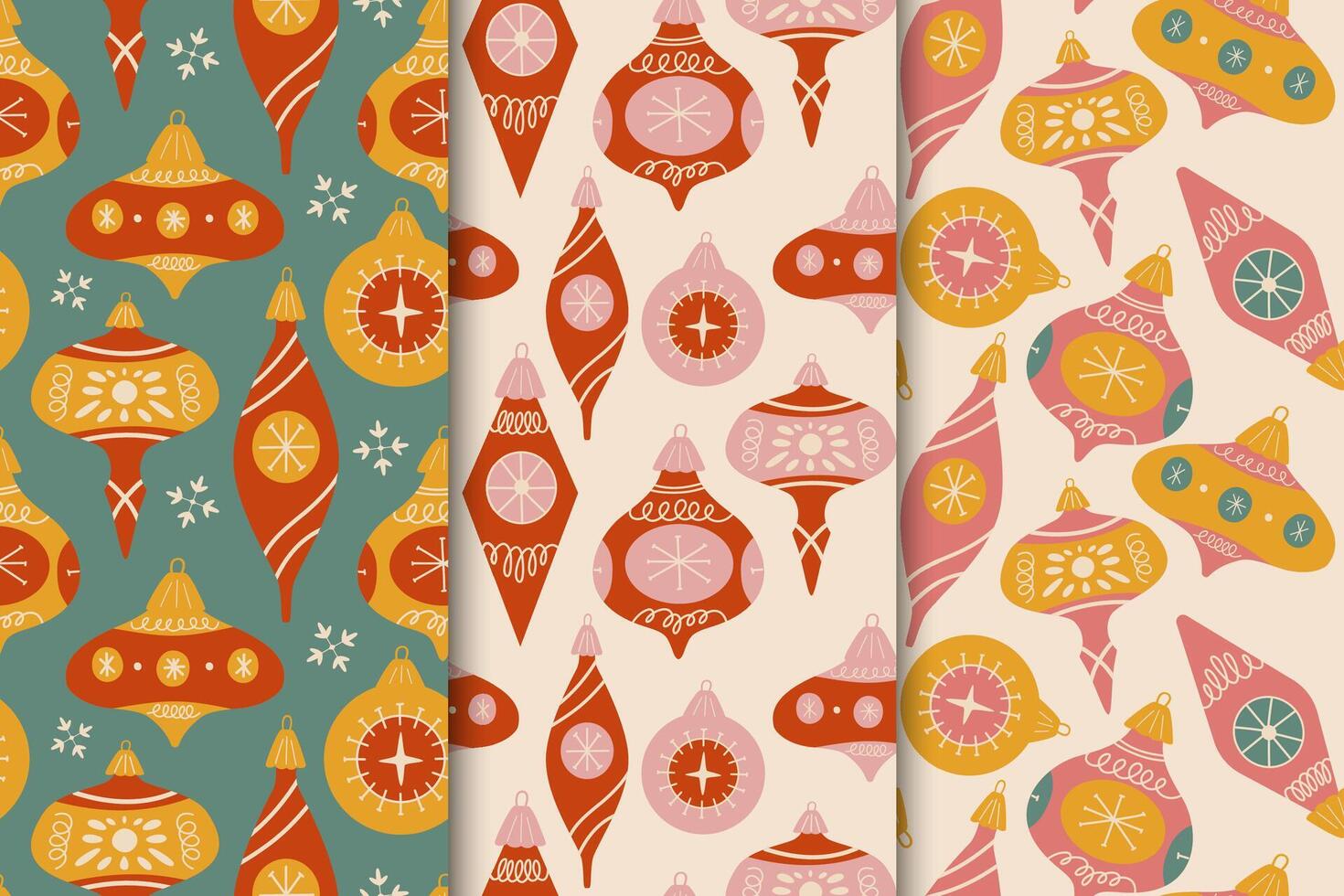 Set of seamless patterns with christmas balls. Retro tree toys pattern for new year and merry christmas. vector