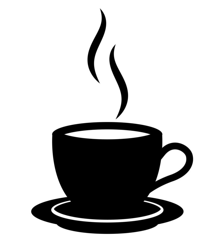 a cup of steaming tea or coffee on a saucer silhouette shape, black and white illustration of hot beverage, white background vector