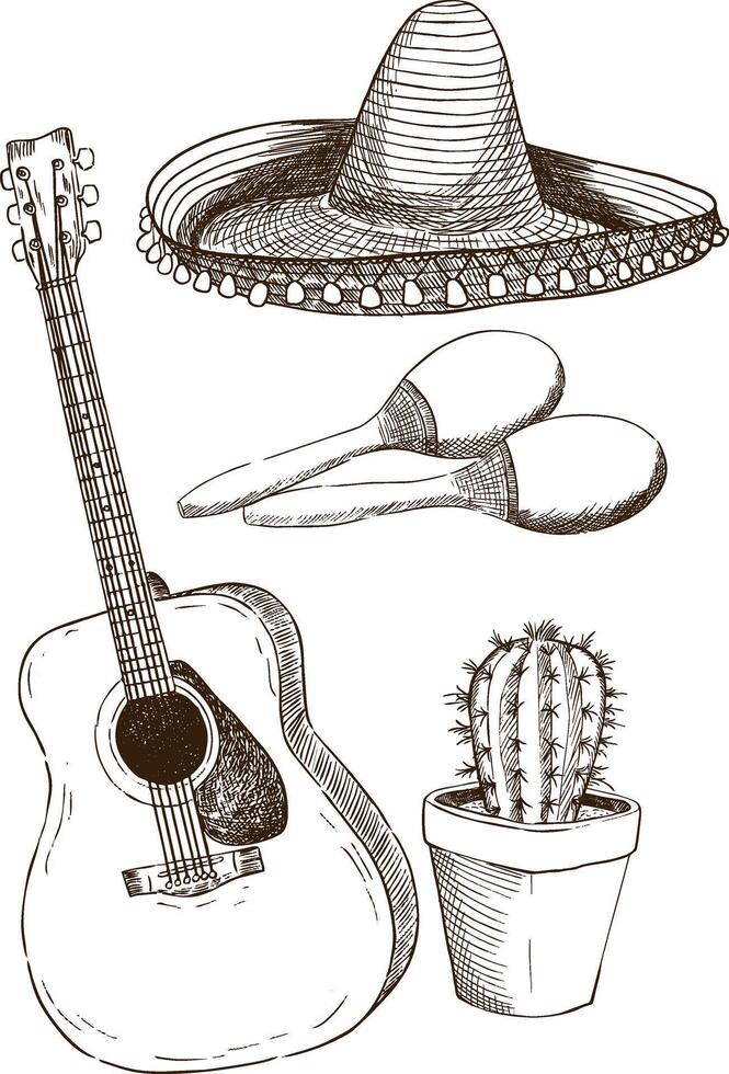 A set of illustrations in the style of a sketch on the theme of Mexico vector