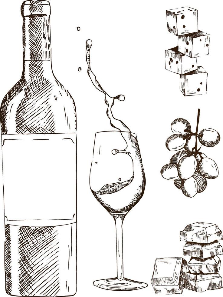 Illustration sketch bottle of wine, glass and snacks vector