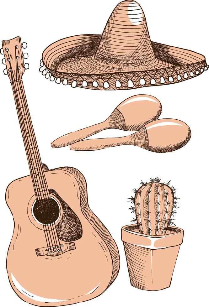 A set of illustrations in the style of a sketch on the theme of Mexico vector