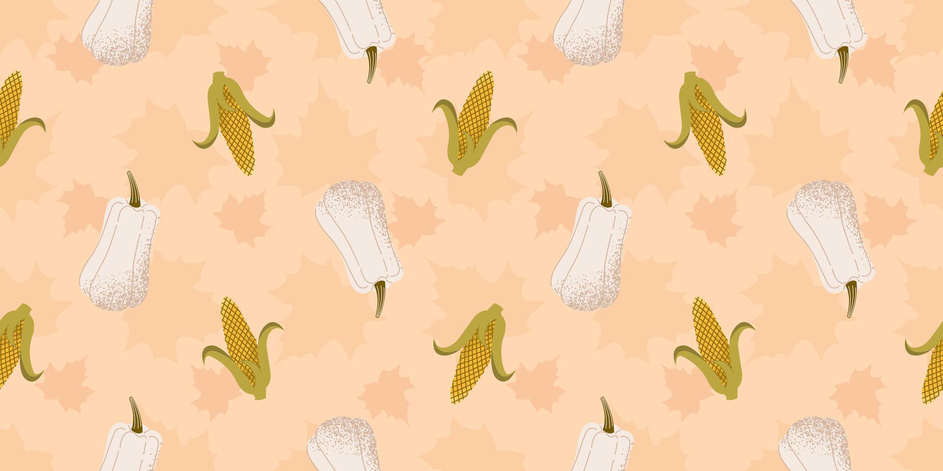 Botanical autumn ornament, seamless pattern. Corn and pumpkin. vector