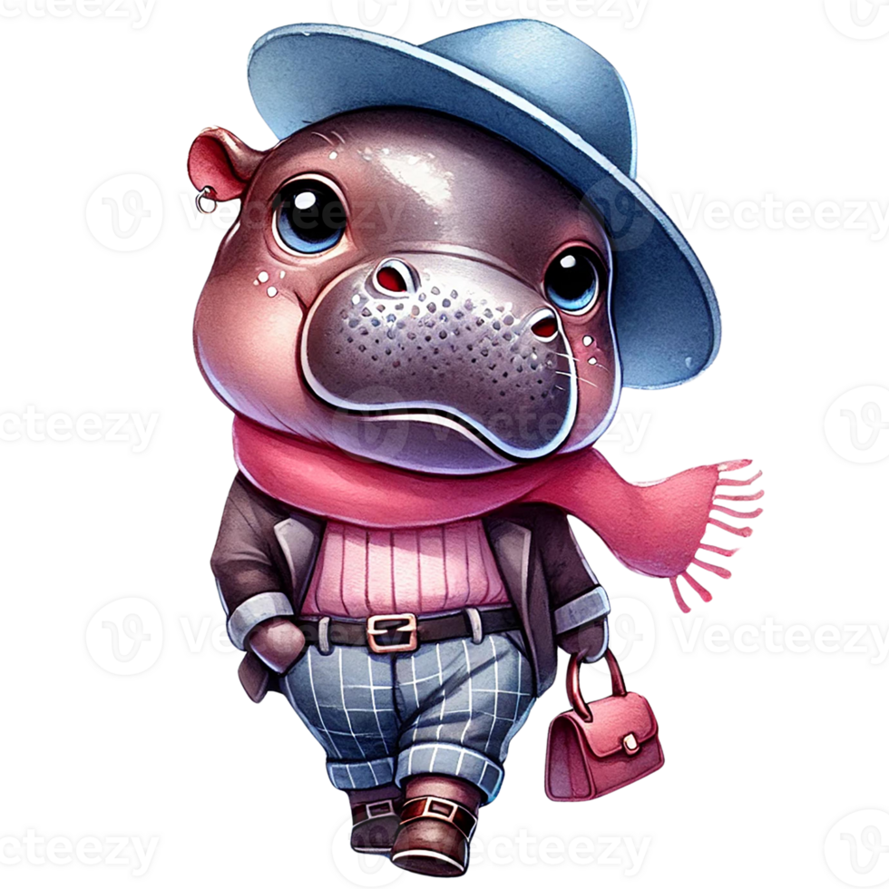 Stylish cartoon hippo character in a hat and scarf, cheerful and fashionable. png