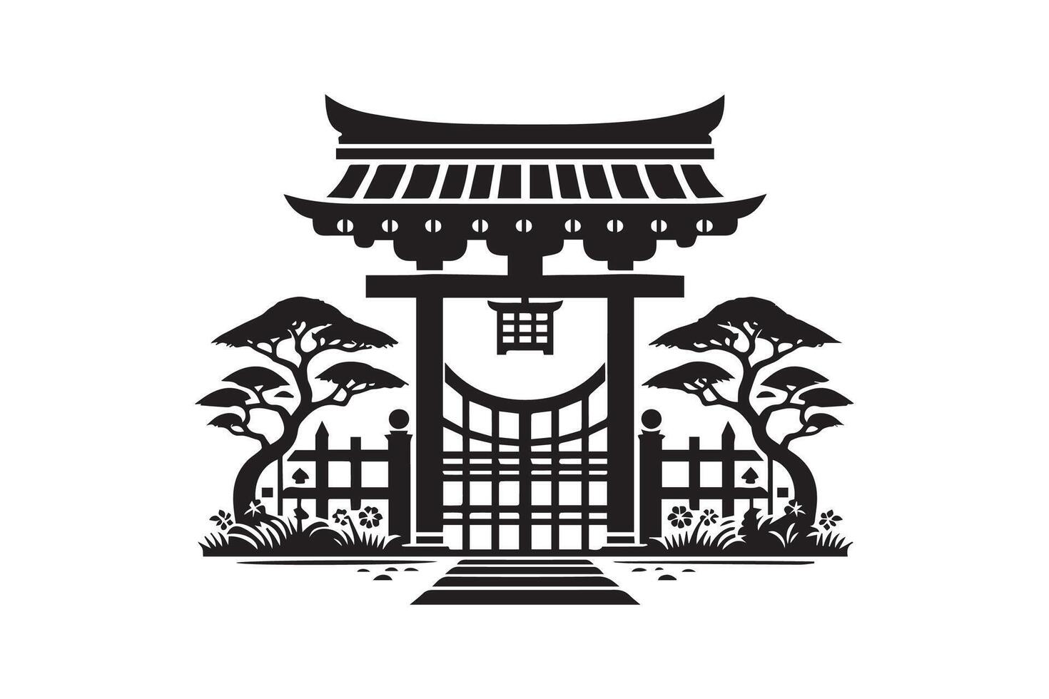 Japanese gate with trees and pagoda vector