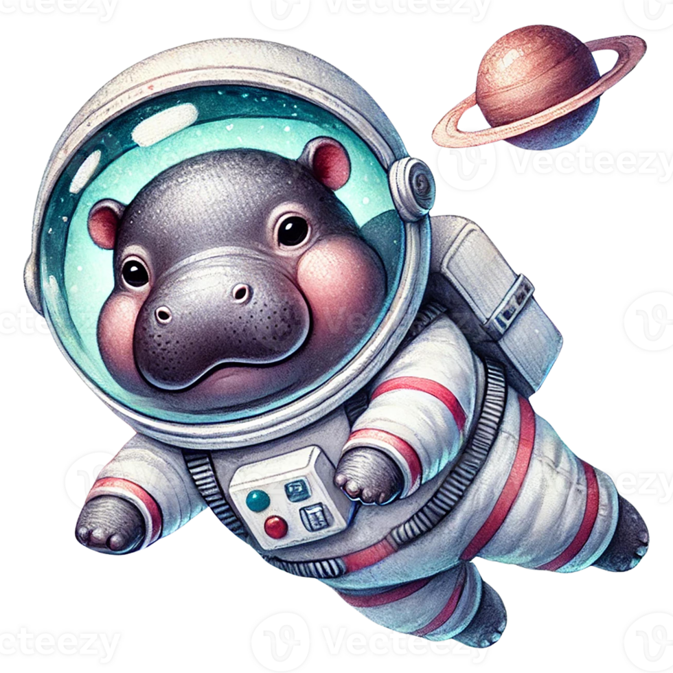 Cute hippo in an astronaut suit floating in space with a planet. png