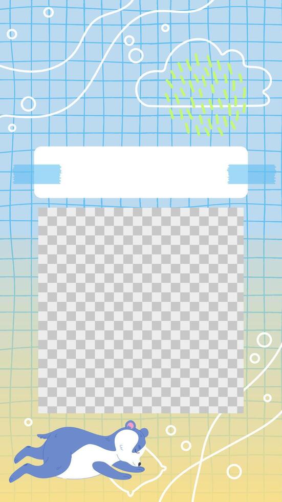Cute story template with a pastel gradient background, featuring a sleeping bear, rain cloud, and notepad design. Hand-drawn elements with a grid pattern and soft color palette vector