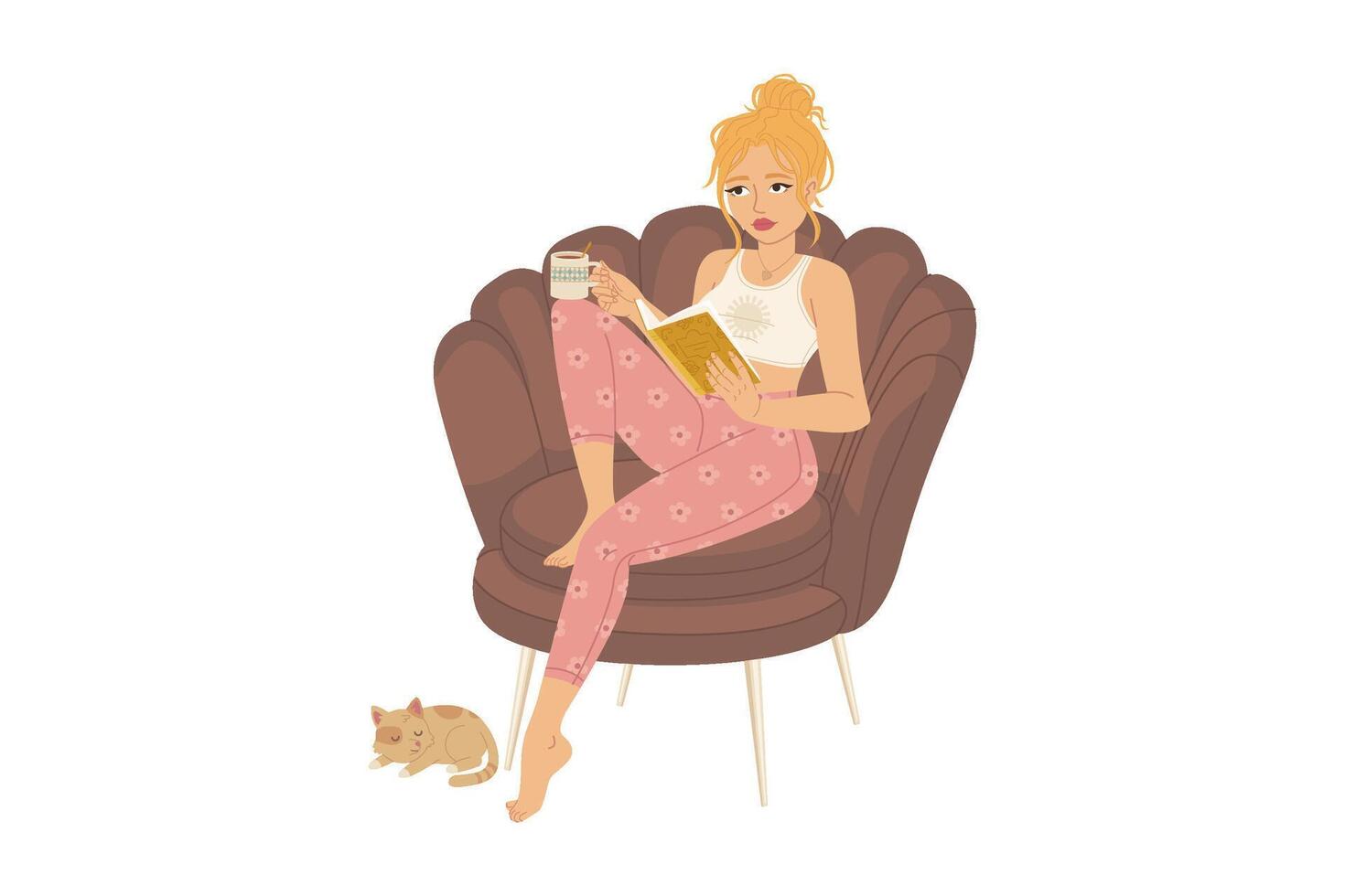 Modern girl reading a book and drinking a tea at a comfy armchair with cat. Cozy home leisure, hygge concept. Stock illustration isolated on white background in hand drawn style. vector