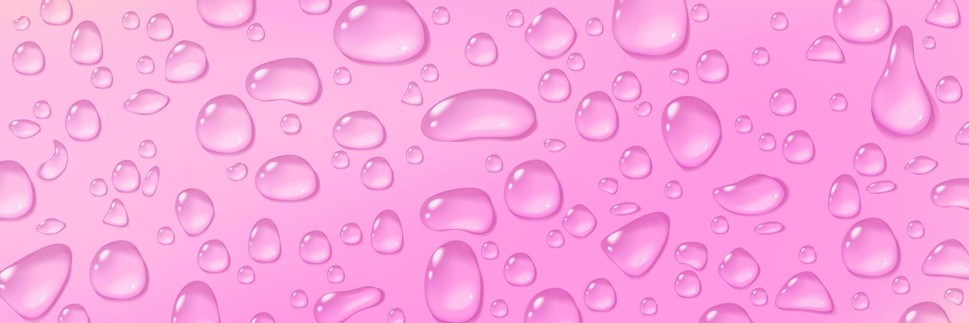 Pink waterdrop banner background. Condensate serum or essence drops. Cosmetic advertainment banner. Stock illustration in realistic style vector