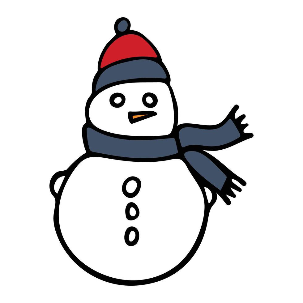 Doodle illustration of a snowman wearing a Santa hat and a blue scarf on a white background. vector