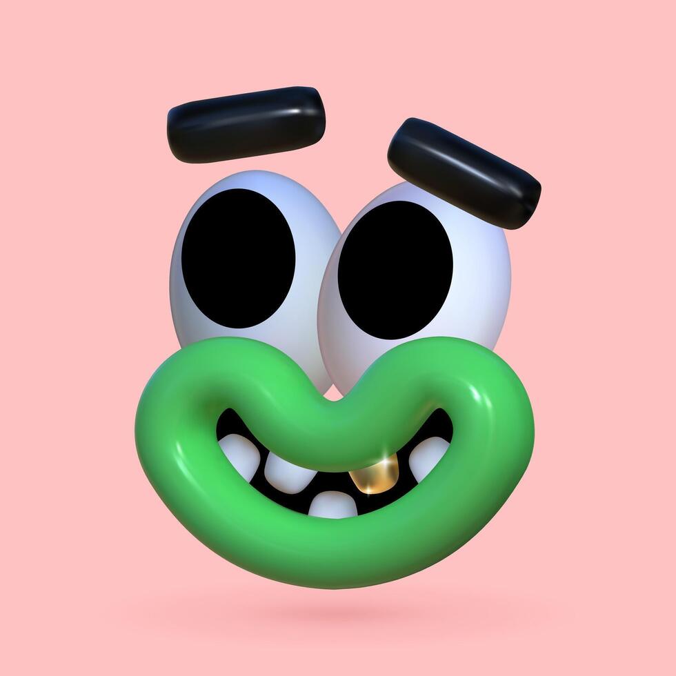 Funny 3D face. Playful inflatable character with a wide smile, metal tooth, reflective texture. vector