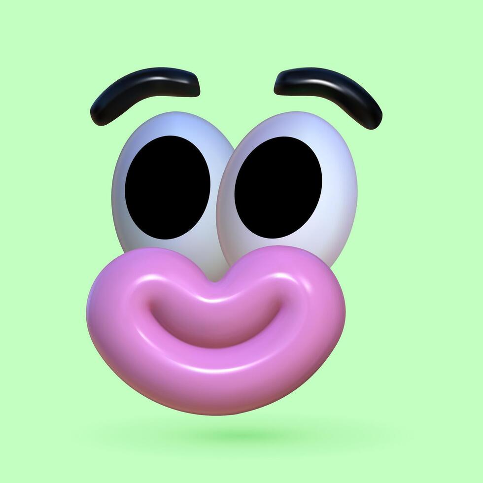 Funny 3D face. Playful inflatable character with a wide smile, plastic texture. Naive sticker with big pink lips. vector