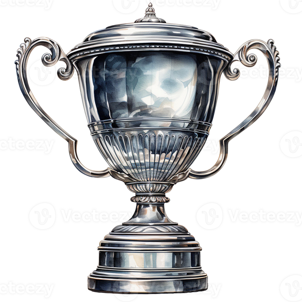 Shiny silver trophy with ornate handles, transparent background. watercolor style. png