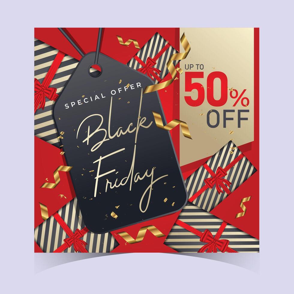 Black friday sale banner template with red and gold ribbon vector