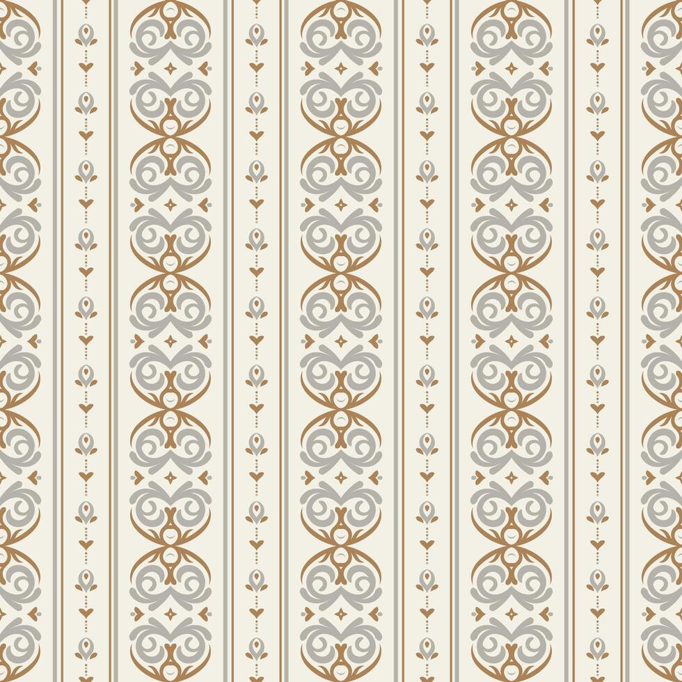 Abstract geometric seamless pattern with damask elements. Vertical stripes. Beige background in vintage and retro style. Print for interior design, wallpaper and fabric. vector