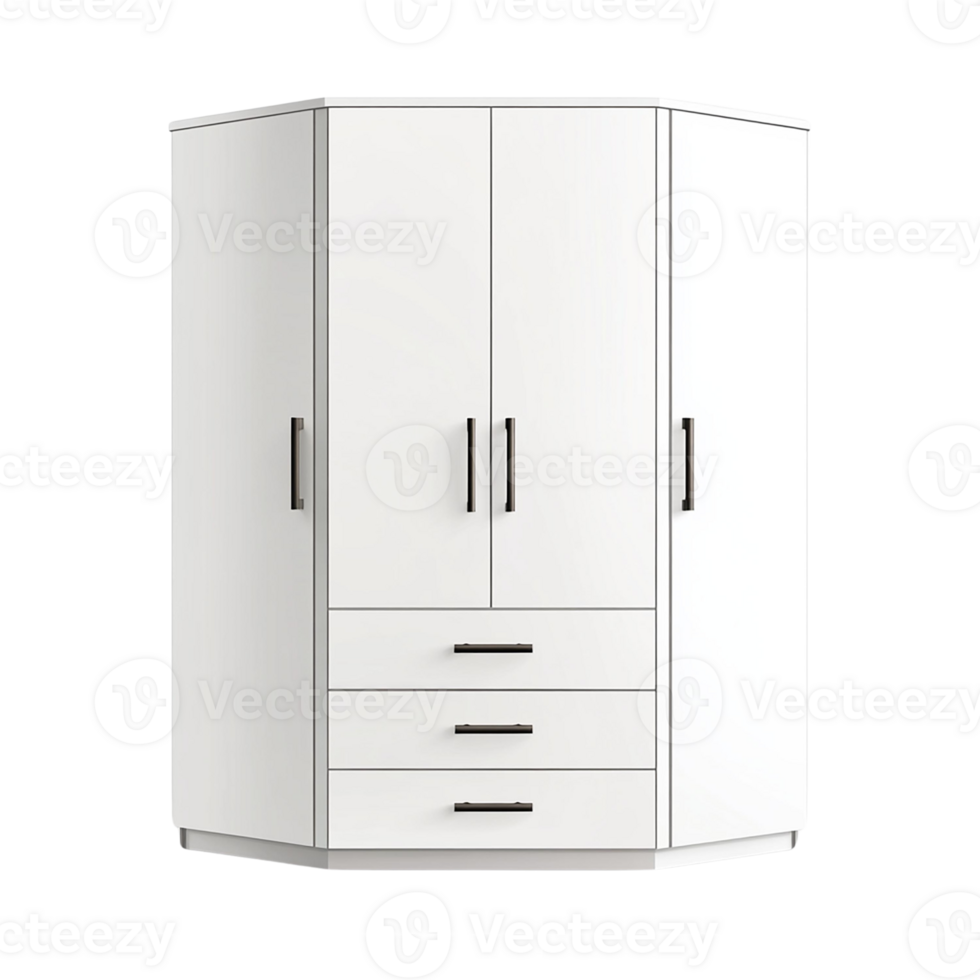 Modern white corner wardrobe with sleek design and spacious storage options, isolated on transparent background. png