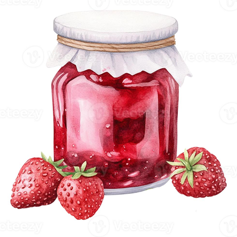 A charming watercolor illustration of a jar filled with strawberry jam png