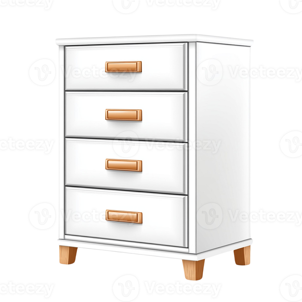 Elegant white nightstand with four drawers and wooden handles, isolated on transparent background. png