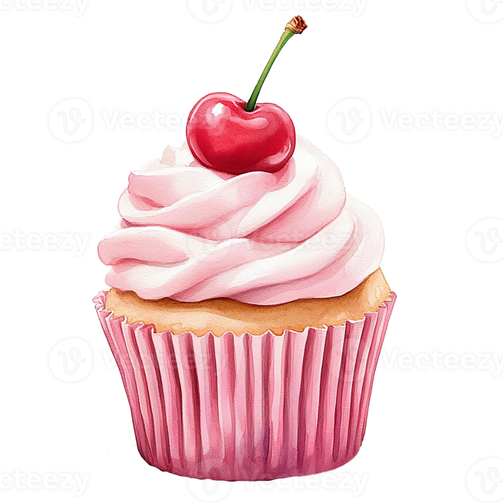 Delicious cupcake topped with pink frosting and a cherry, perfect for dessert lovers and bakery enthusiasts. png