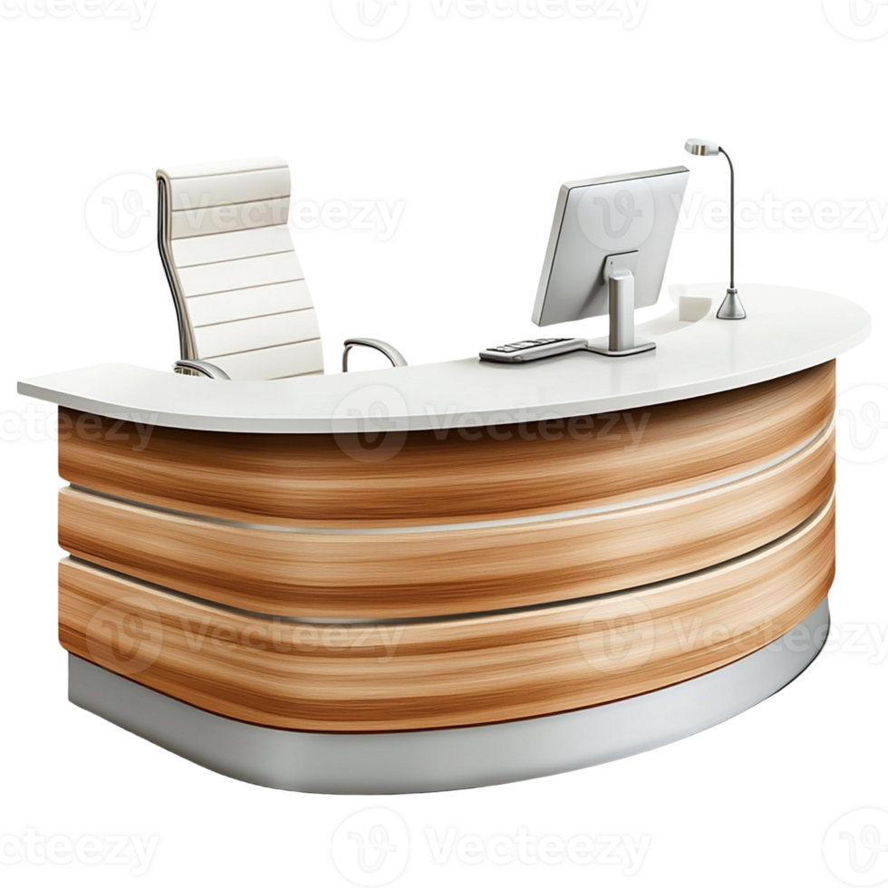 Elegant wooden reception desk with modern design, featuring a comfortable chair and a sleek computer monitor for professional use., isolated on transparent background. png