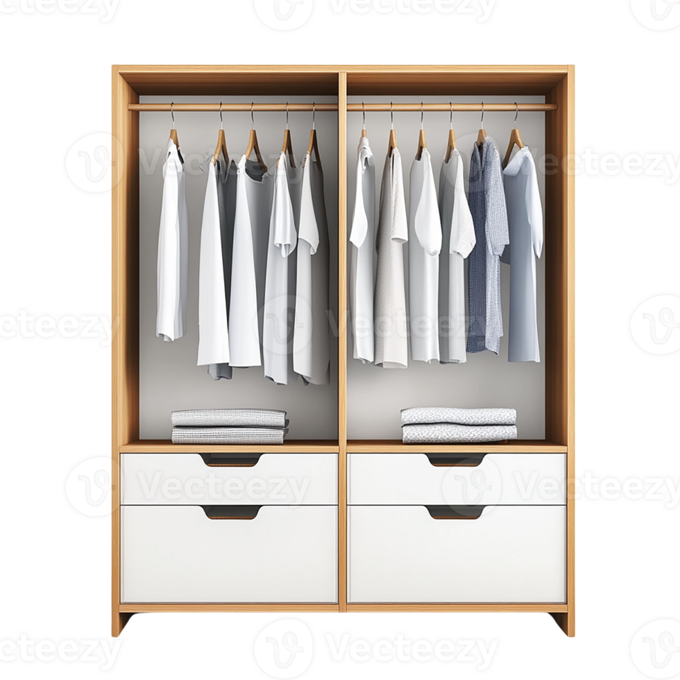 A modern wardrobe displaying neatly arranged shirts and folded towels, isolated on transparent background. png