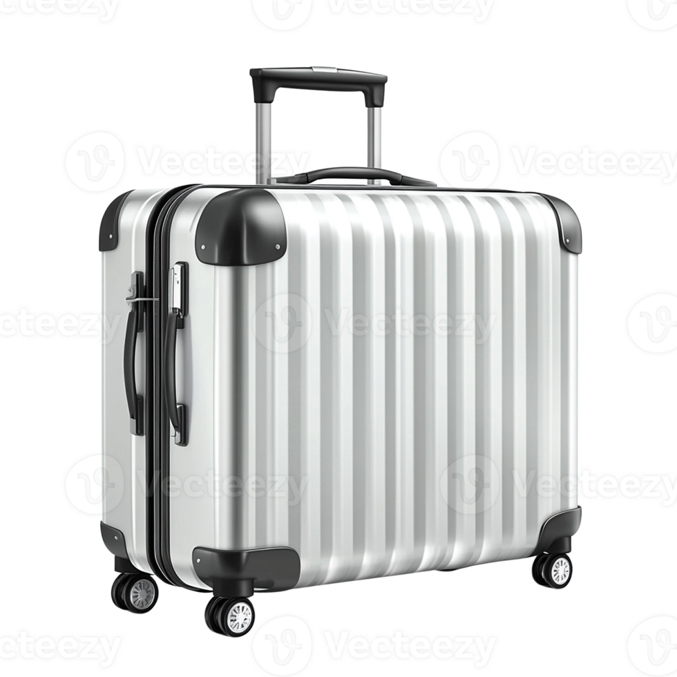 Stylish silver suitcase with sturdy wheels and a retractable handle, isolated on transparent background. png