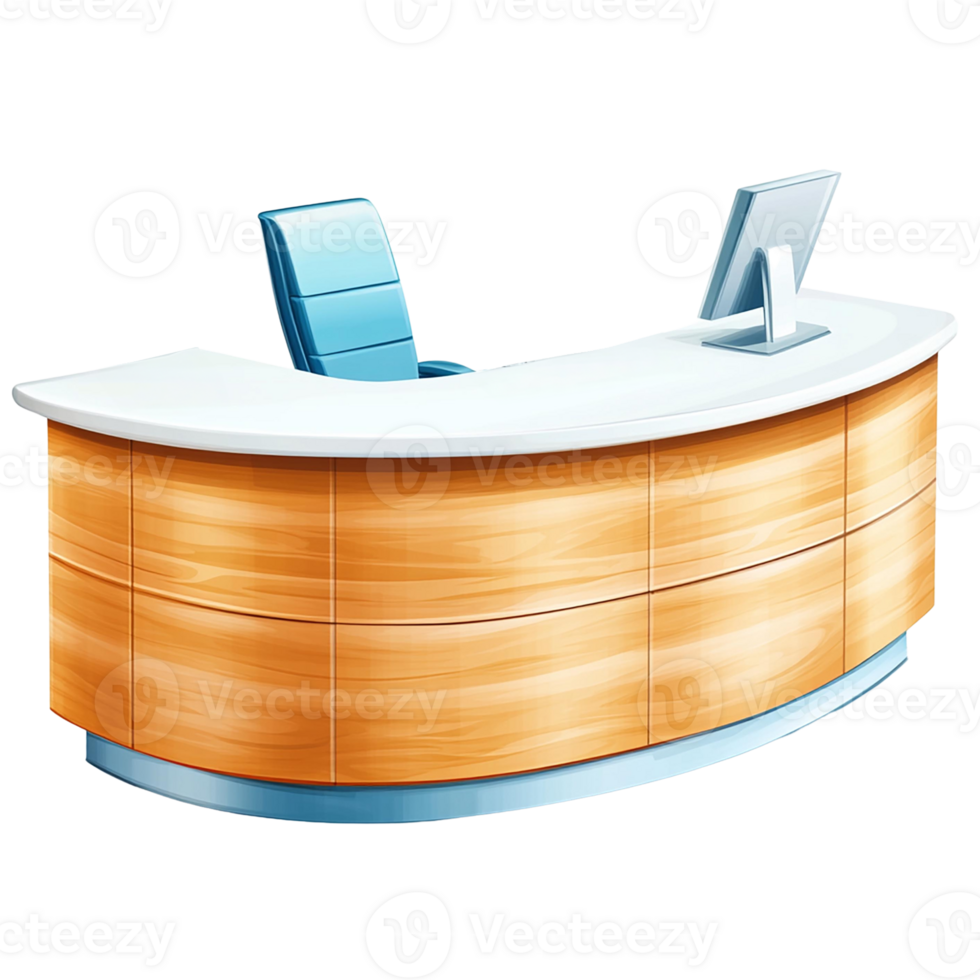 Modern wooden reception desk with a sleek design, isolated on transparent background. png
