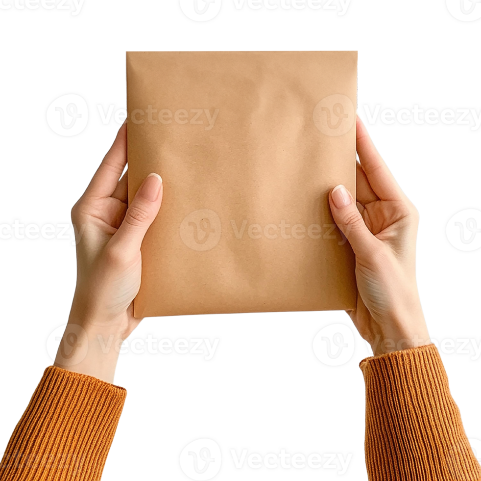 Close-up of hands presenting a wrapped package, isolated on transparent background. png
