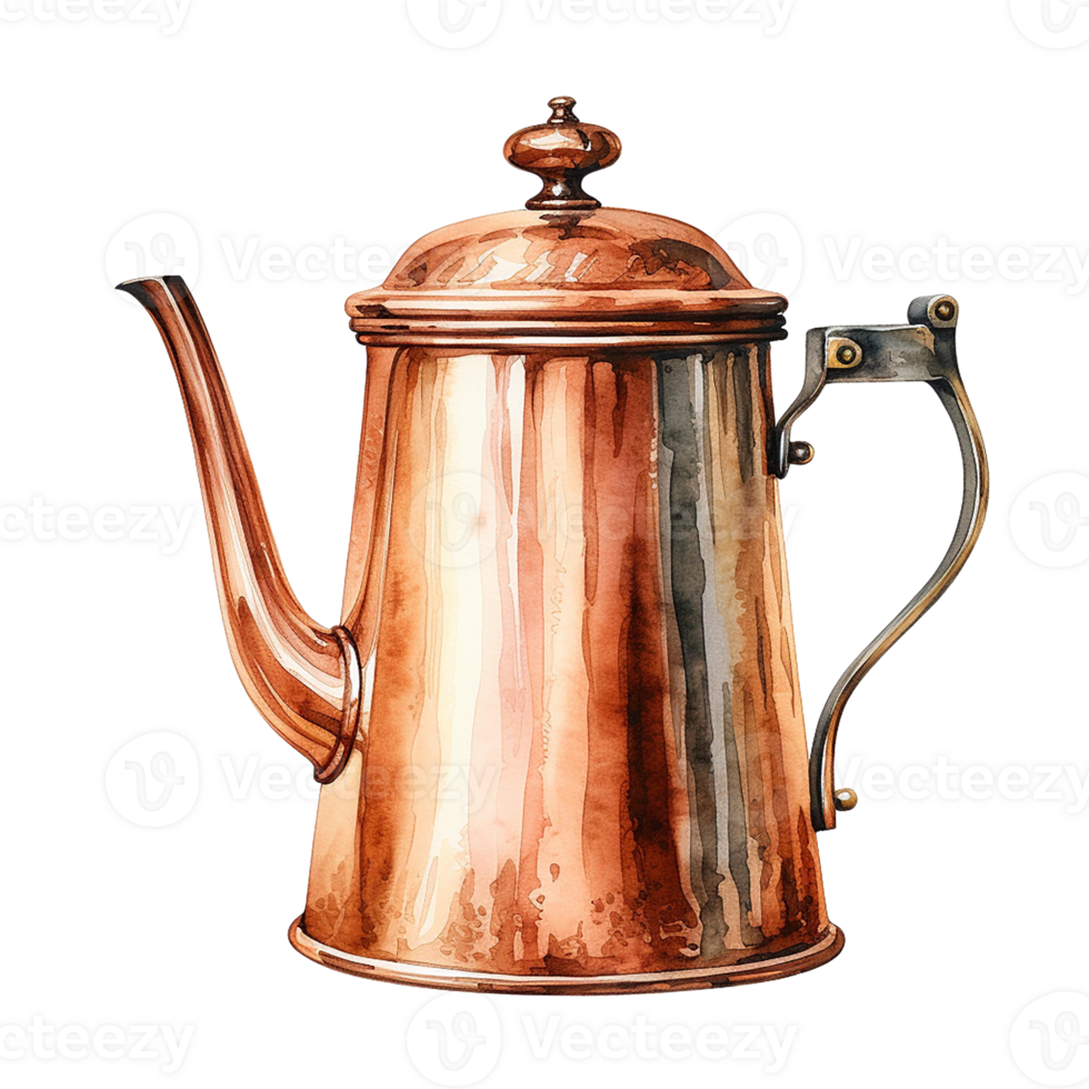 Copper teapot with a shiny finish, isolate on transparent background png