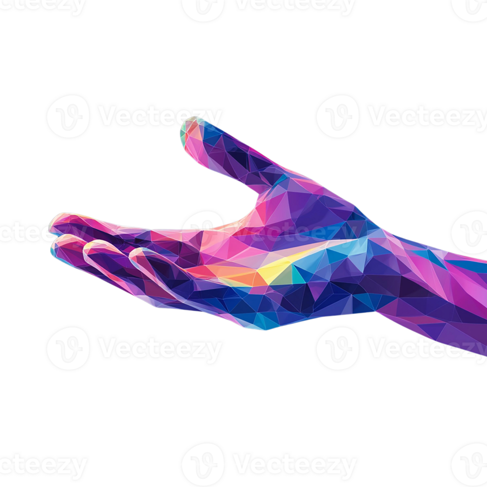 A vibrant, abstract illustration of a hand in a geometric design, isolated on transparent background. png