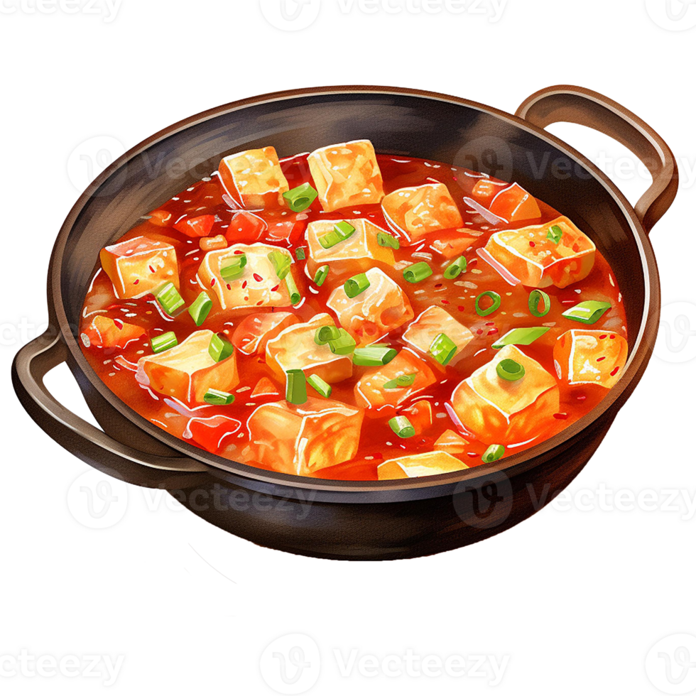 Delicious bowl of tofu in spicy sauce with green onions,isolate on transparent background png