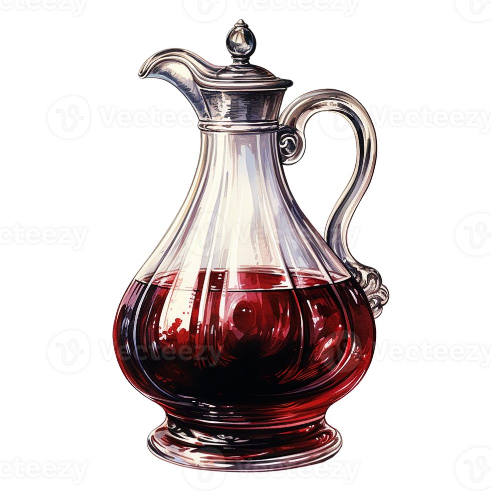 Elegant glass decanter filled with rich red wine, isolate on transparent background png
