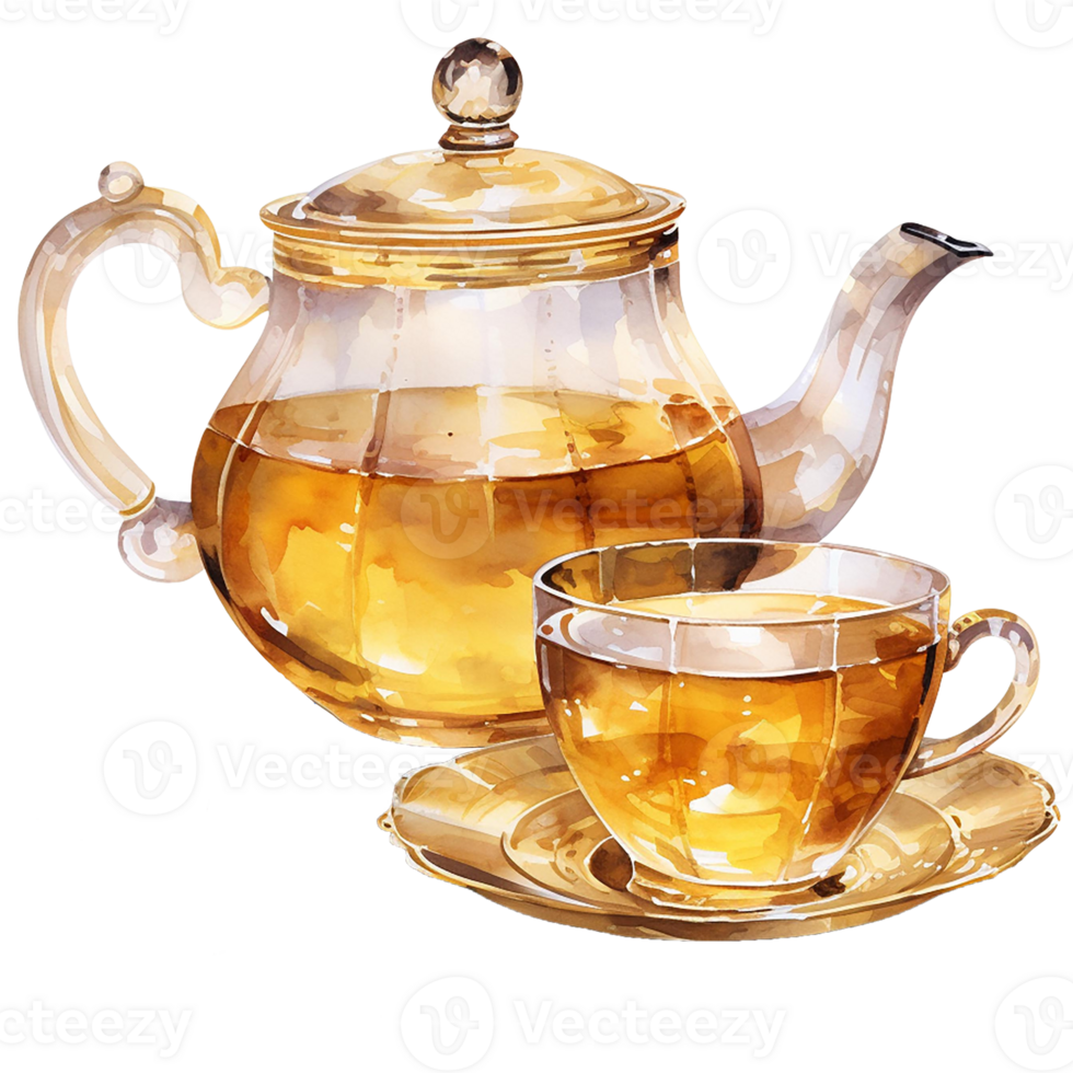 A clear teapot and cup with golden tea, isolated transparent background. png
