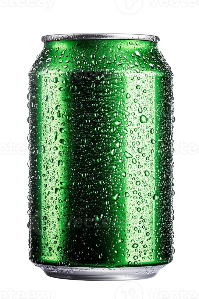 Shiny green soda can with condensation on transparent background. png