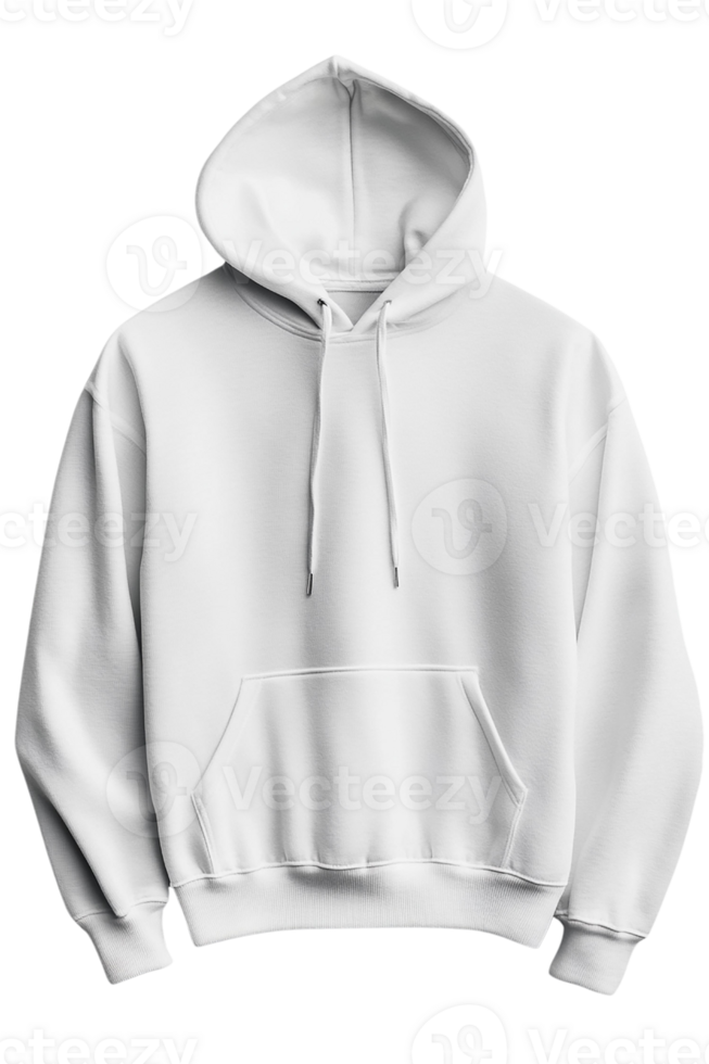 White hoodie with a pouch pocket and drawstring on transparent background. png