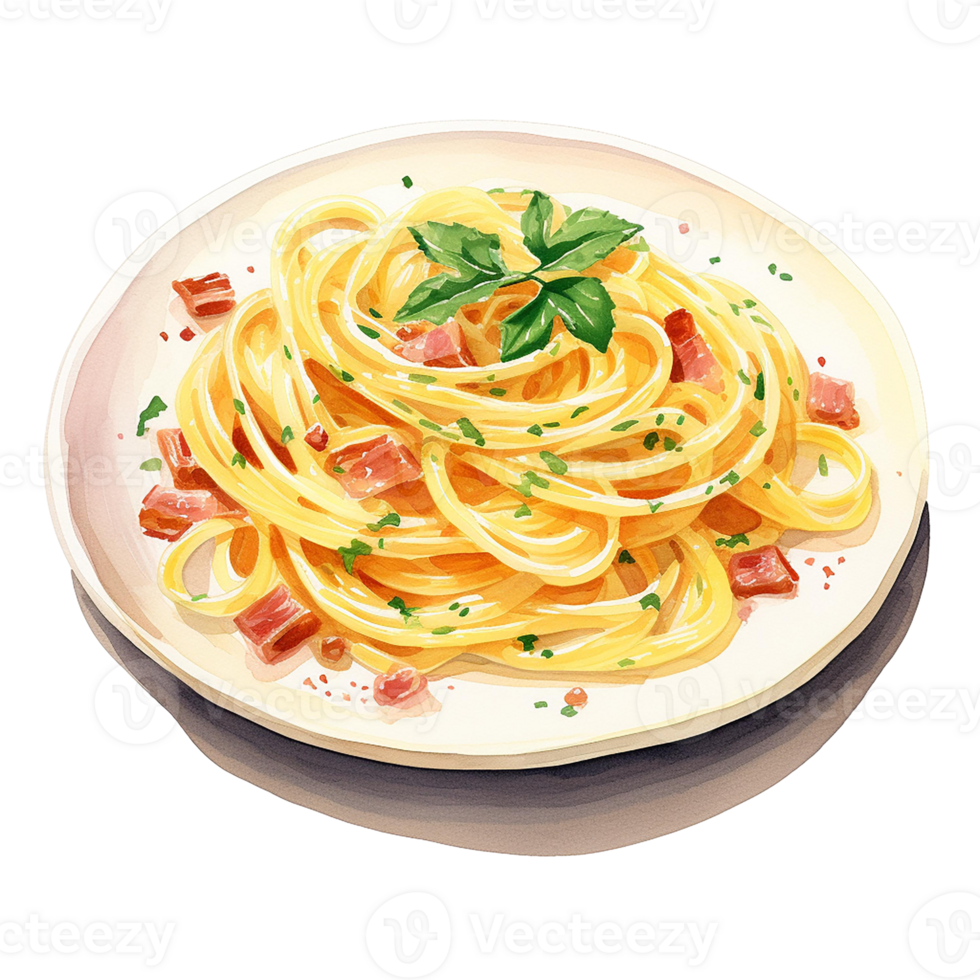 Delicious plate of spaghetti with bacon and parsley isolate on transparent background png