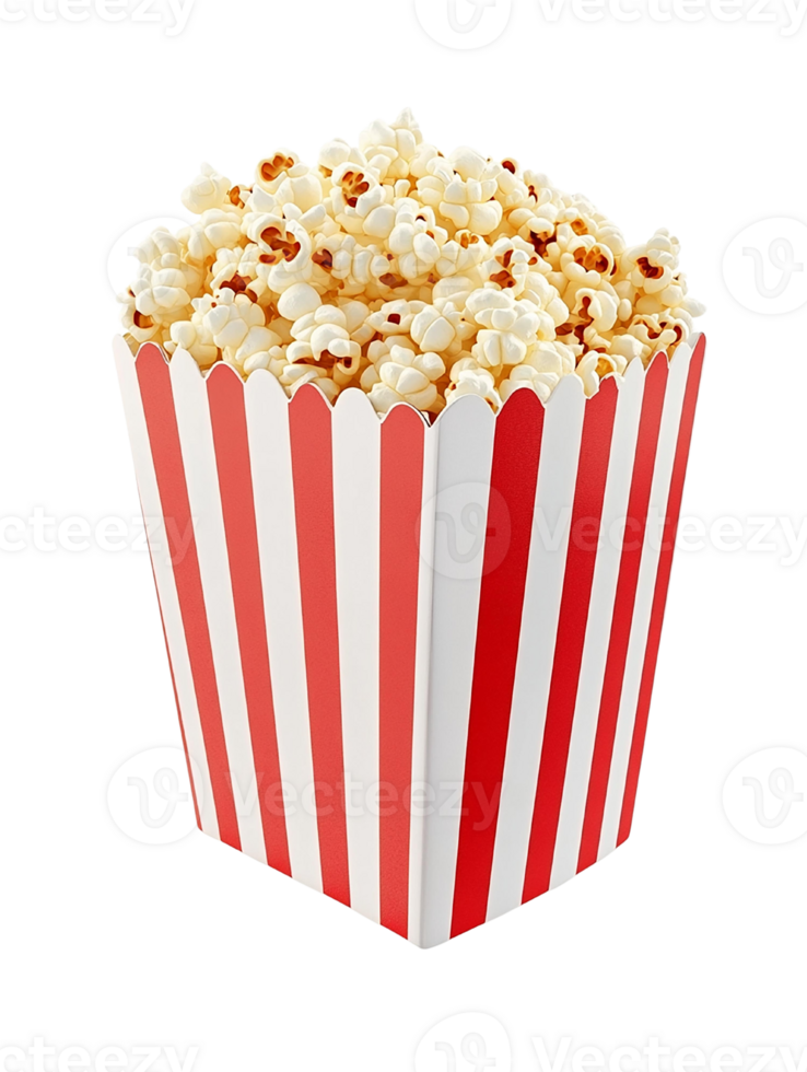 Delicious popcorn in a red and white striped container on transparent background. png