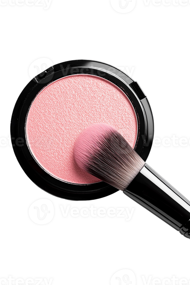 Makeup brush applying soft pink blush on transparent background. png