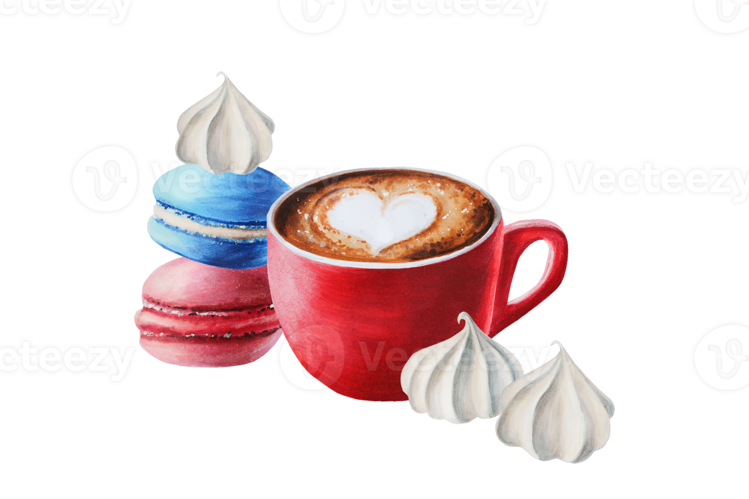 Watercolor fluffy foam cappuccino illustration coffee in a porcelain cup with macaroons, meringue, marshmallow. Hand painting on isolated background. For designers, menu, shop, bar, bistro, rest png