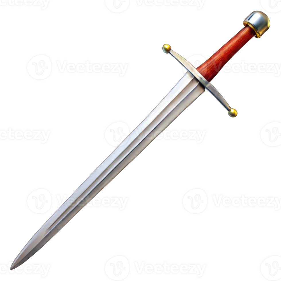 Close up of a sword with a red handle isolated on transparent background cutout png