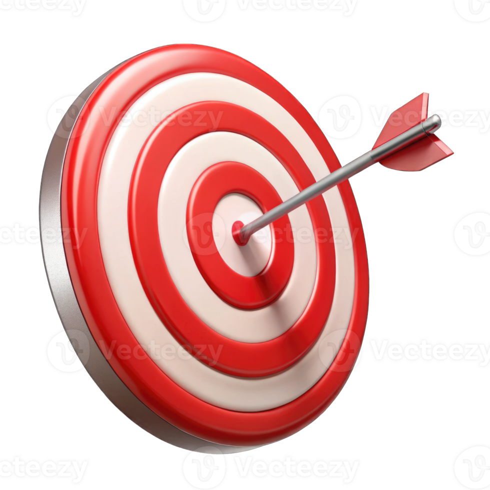 Red bullseye dart arrow hitting target center of dartboard. Concept of success, target, goal. isolated on transparent background png