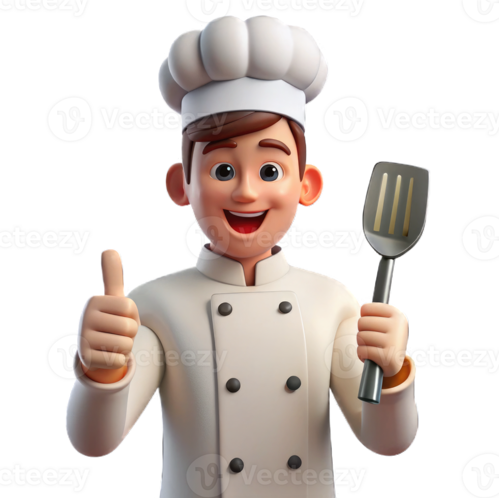 chefe de cozinha segurando espátula e dando polegares acima plástico estilo render 3d ícone isolado em transparente fundo Cortar fora png