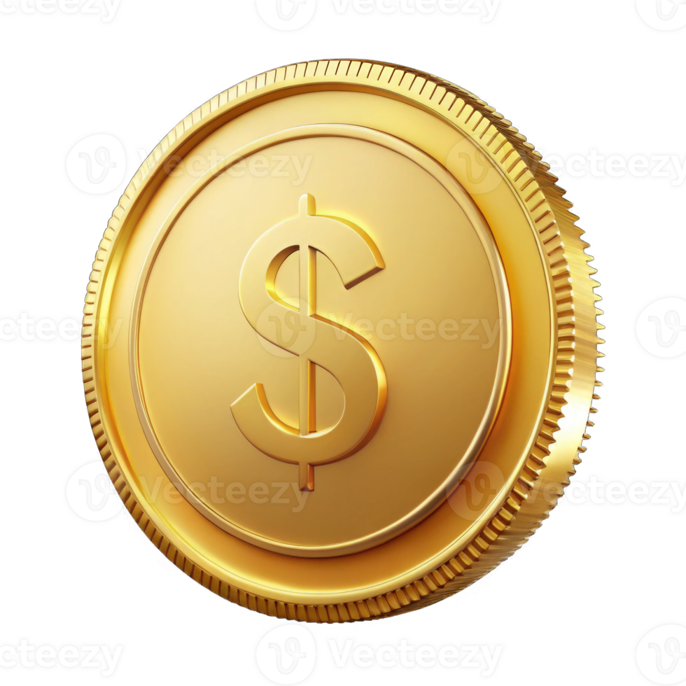 Golden coin with dollar icon shining isolated on transparent background cutout png