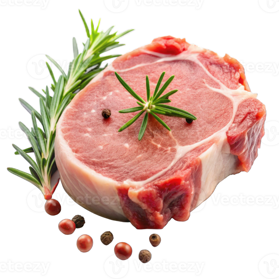 Raw pork chop with leaves isolated on transparent background cutout png