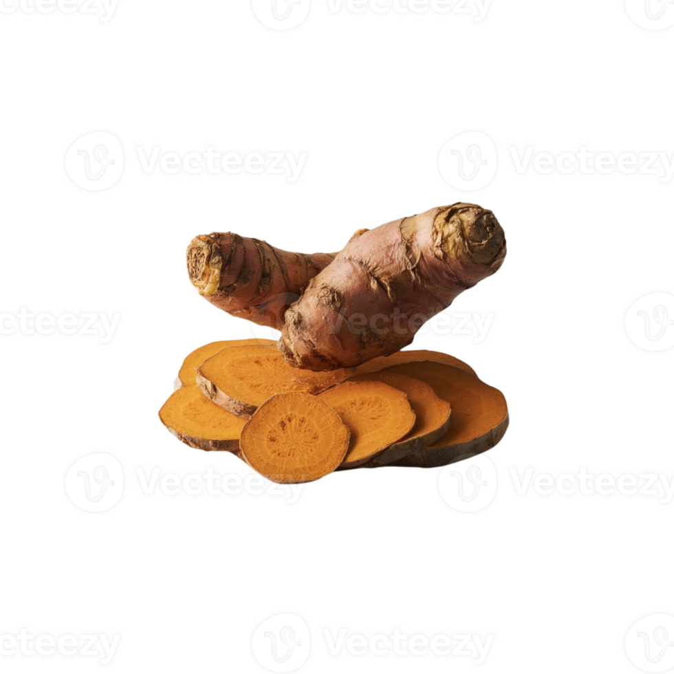 Raw turmeric tuber visual against a transparent canvas png