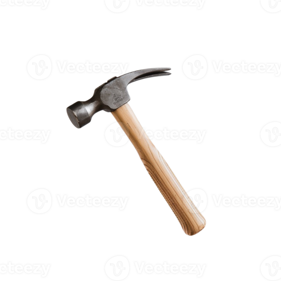 Traditional metal hammer paired with a comfortable wooden grip, showcased against a clear backdrop. png