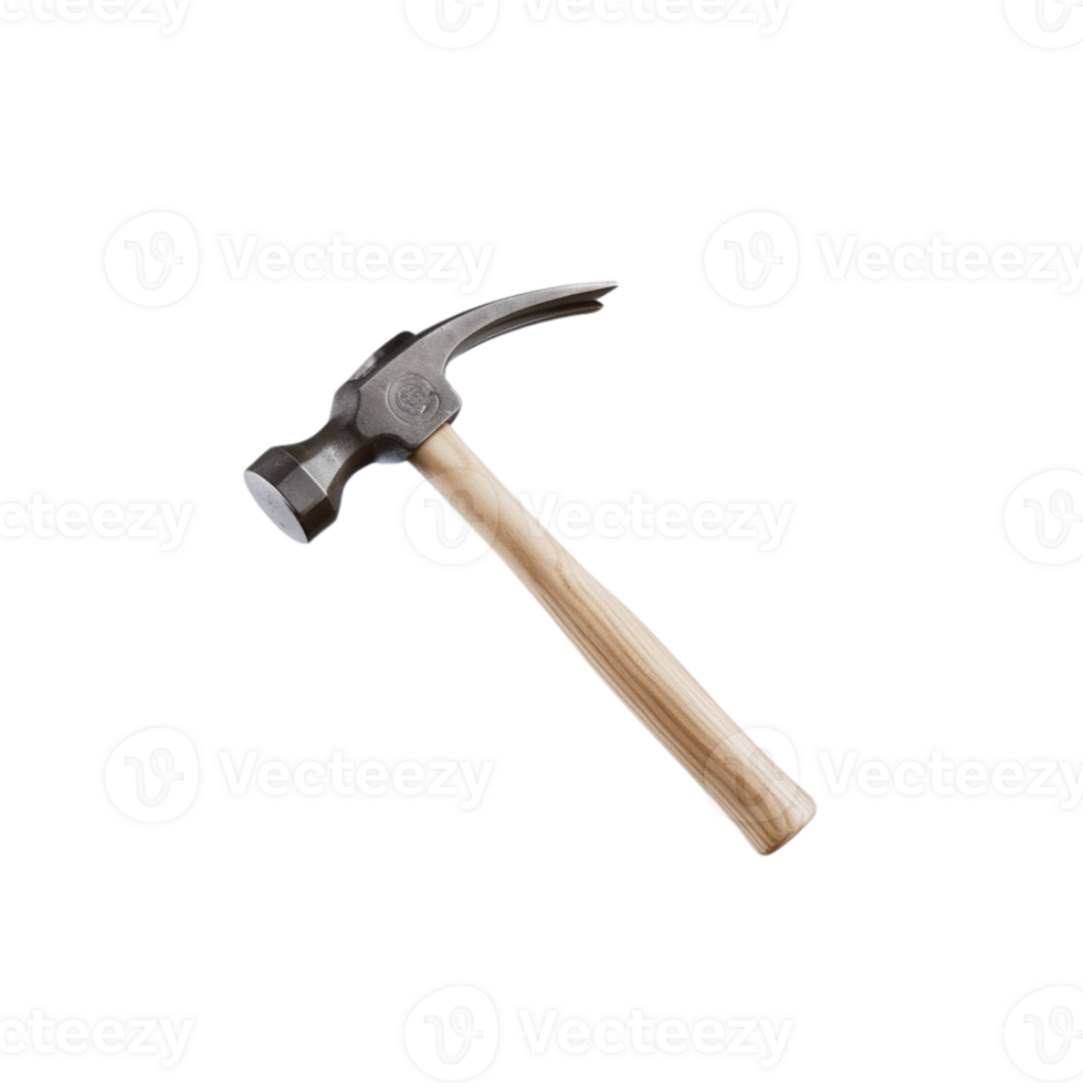 Robust hammer constructed from metal, complemented by a polished wooden handle against a transparent surface png