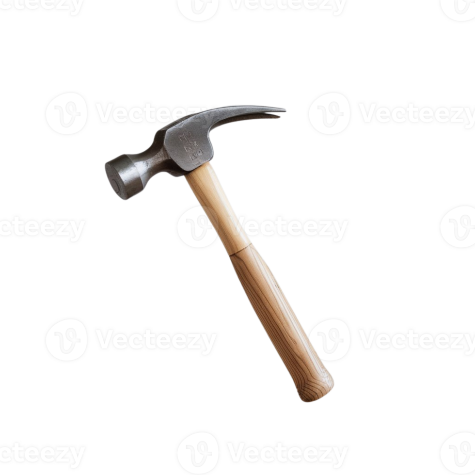 Metal hammer with a textured wooden handle, presented on a transparent background for clarity png
